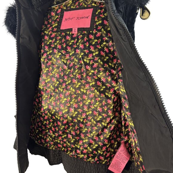 Betsey Johnson Black Hooded Vest W/ Faux Fur Trim & Floral Lining Size S - Picture 7 of 12